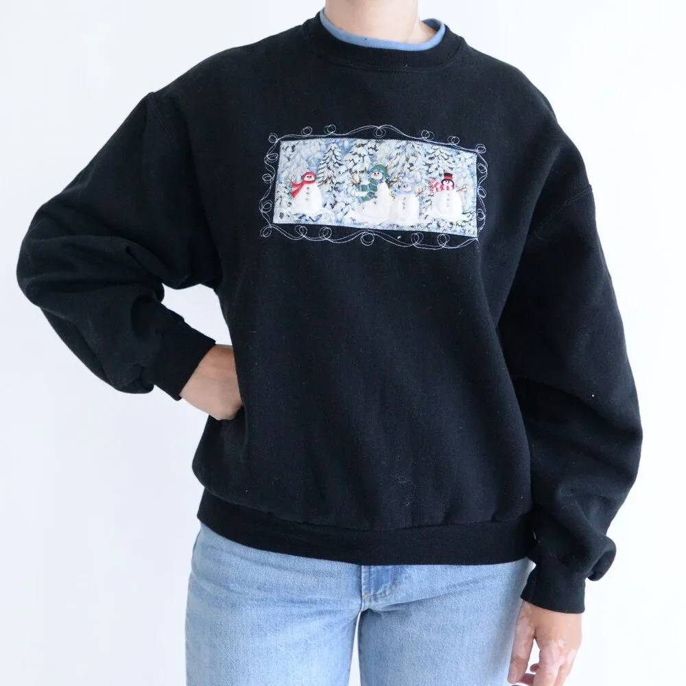 Vintage Endless Designs Navy  Embroidered Snowman Festive Crewneck Sweater M